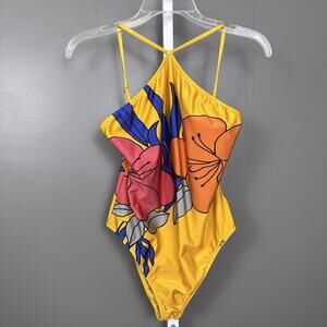 Salinas Wanda Halter Swimsuit One Piece Yellow Gold Bold Floral US Size Large